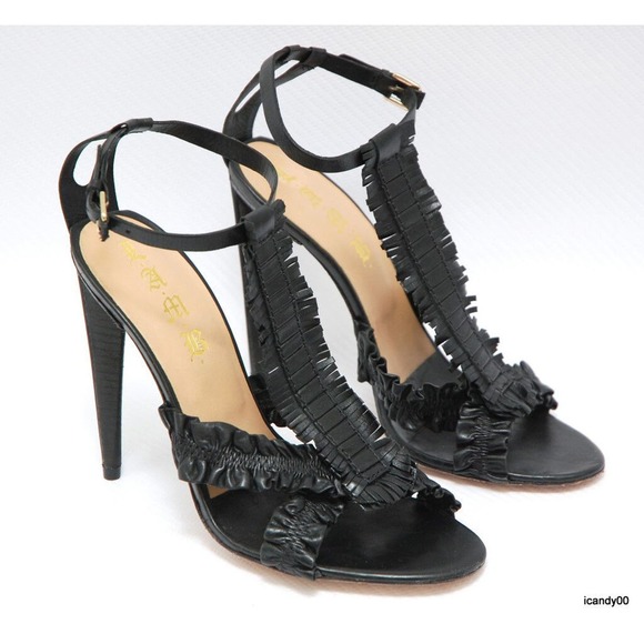 L.A.M.B. LITA RUFFLE SANDAL OPEN TOE PUMP BLACK 9 $335 - Picture 3 of 8